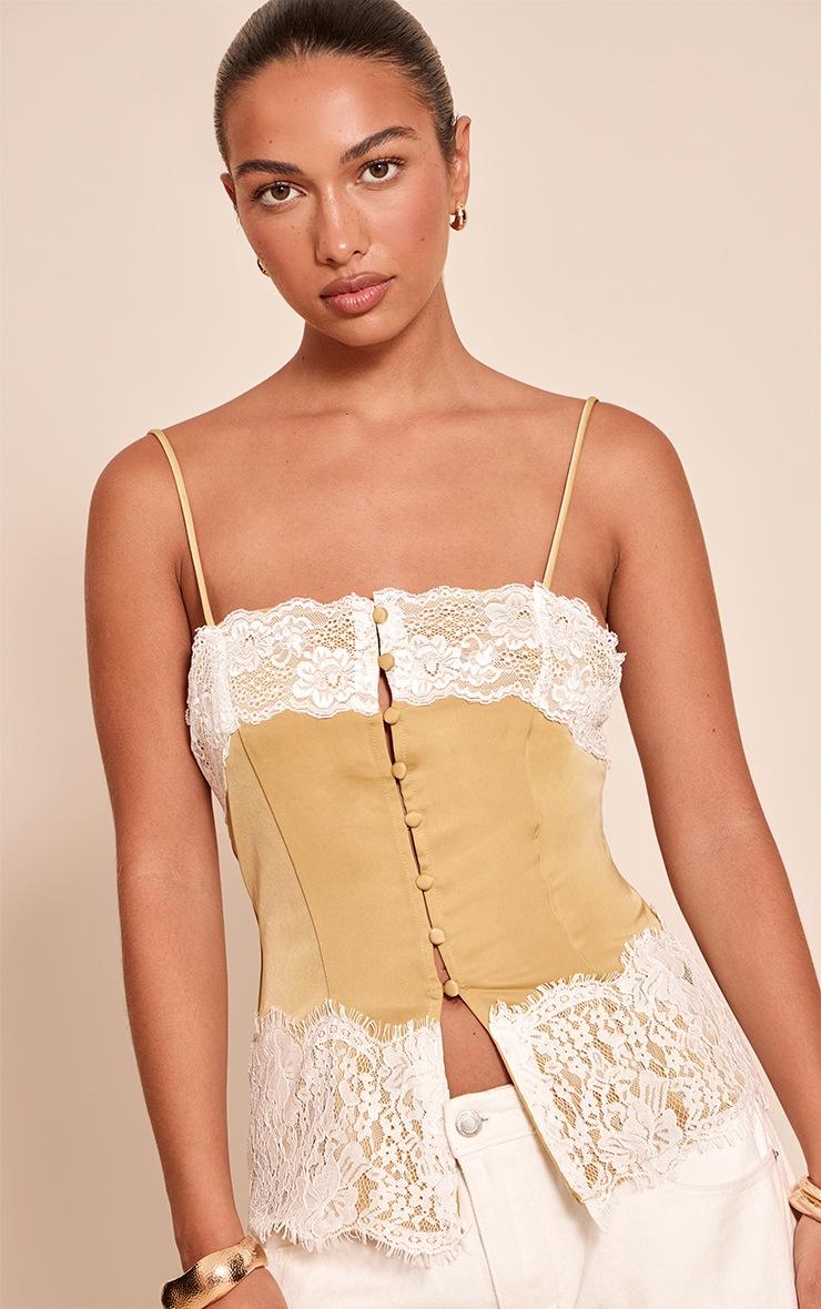 Pretty Little Thing Olive Satin Button Up Lace Detail Cami