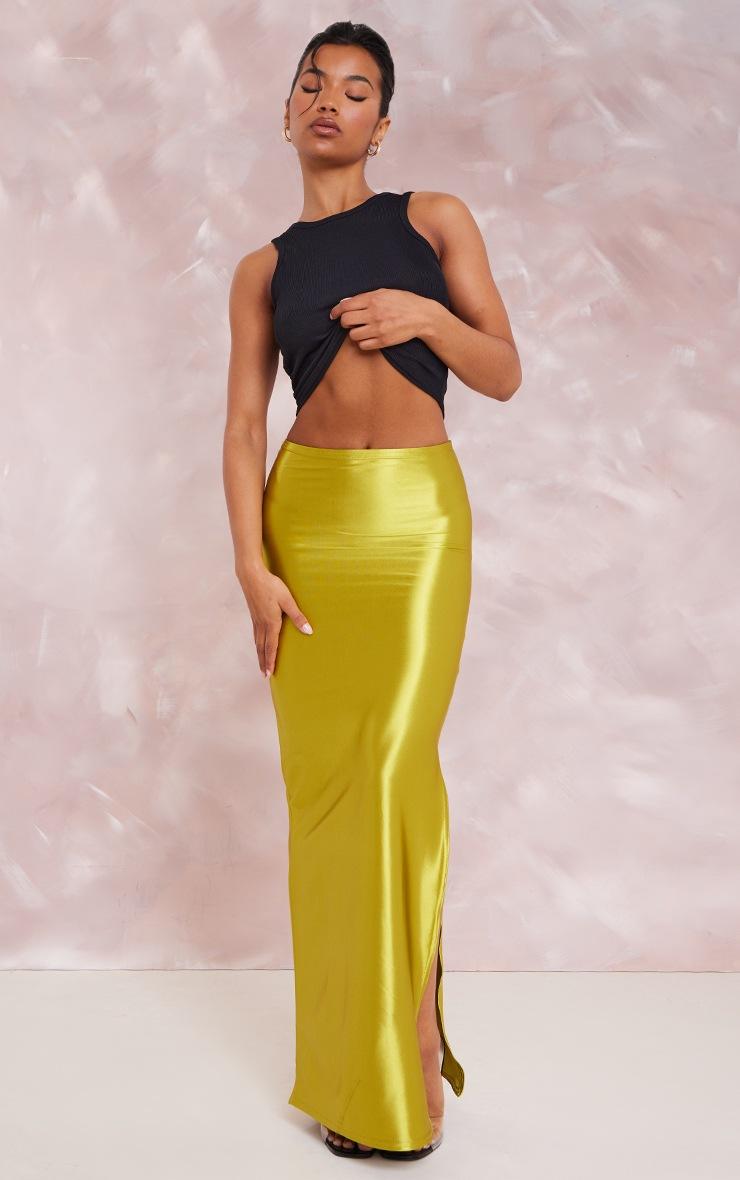Pretty Little Thing Olive Stretch Satin Split Side Maxi Skirt