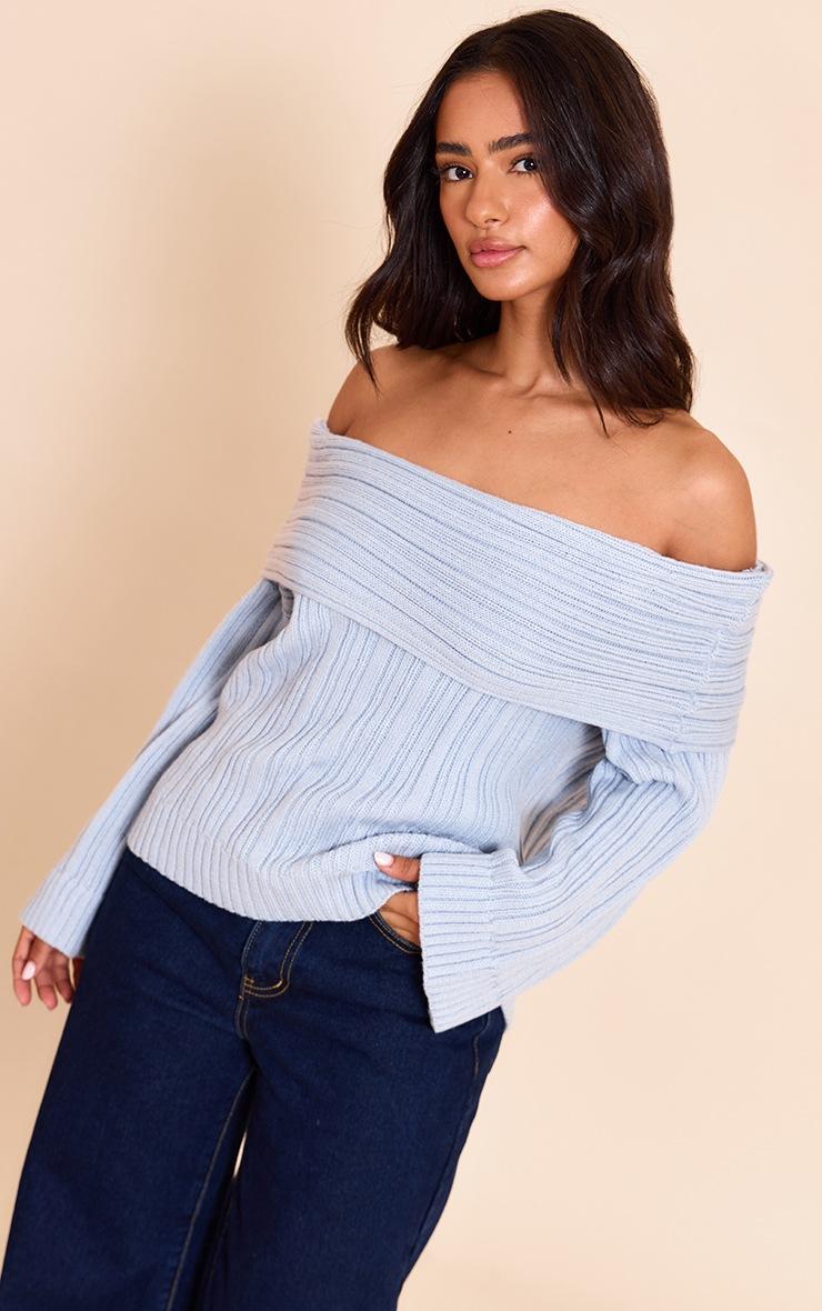 Pretty Little Thing Petite Baby Blue Off The Shoulder Knit Sweater