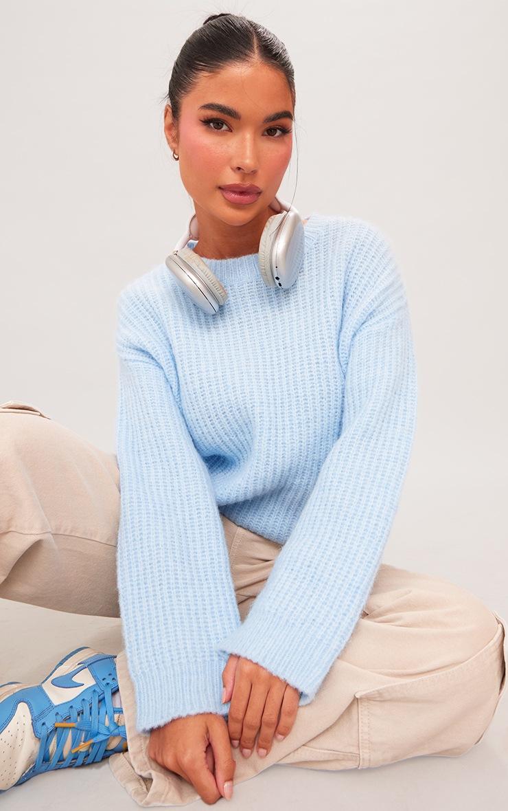 Pretty Little Thing Petite Baby Blue Oversized Fluffy Knitted Sweater
