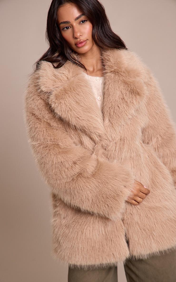 Pretty Little Thing Petite Beige Oversized Midi Faux Fur Coat