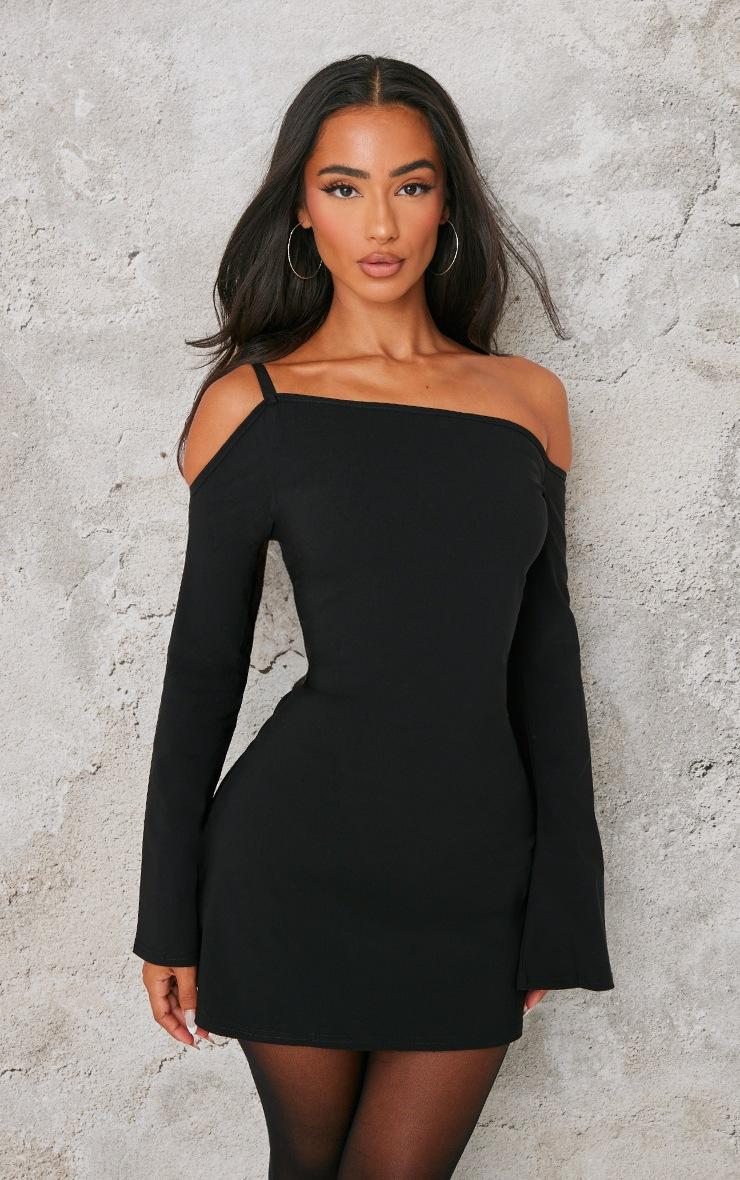 Pretty Little Thing Petite Black Asymmetric One Shoulder Flared Sleeve Shift Dress