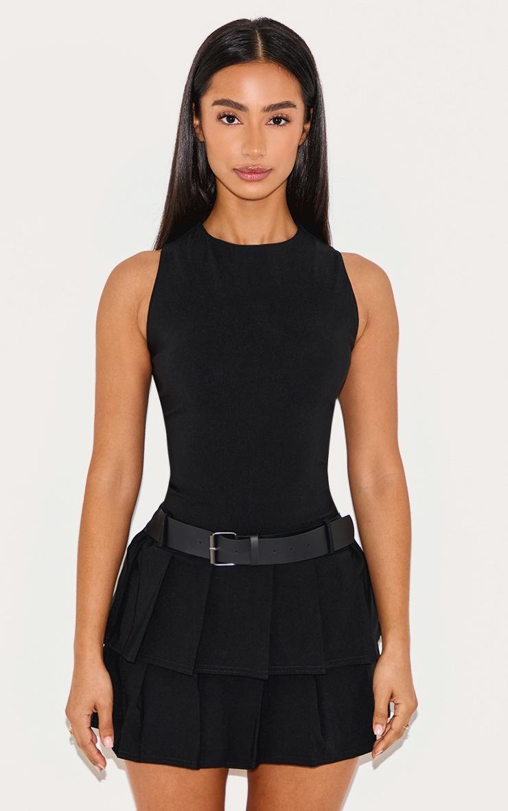 Pretty Little Thing Petite Black Belt Detail Pleated Mini Dress