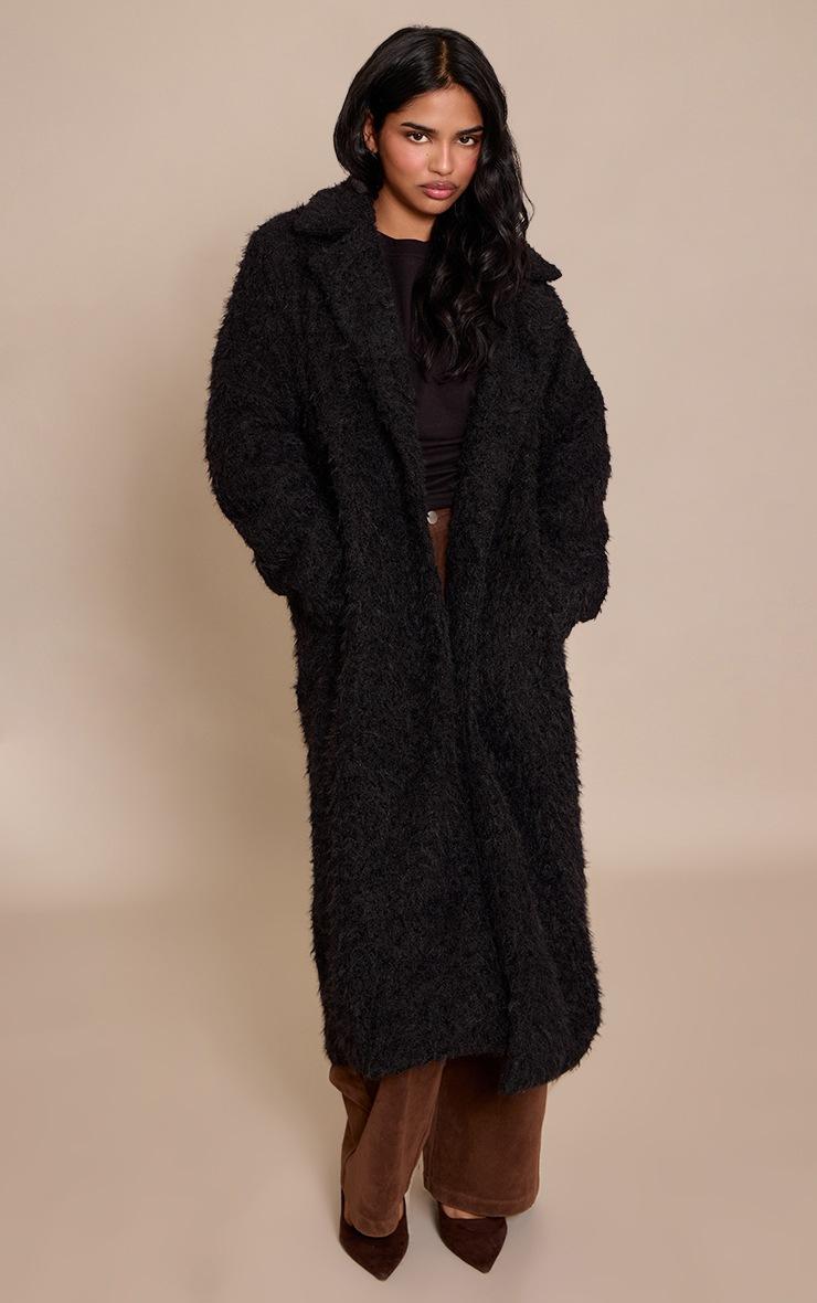 Pretty Little Thing Petite Black Borg Button Up Maxi Coat