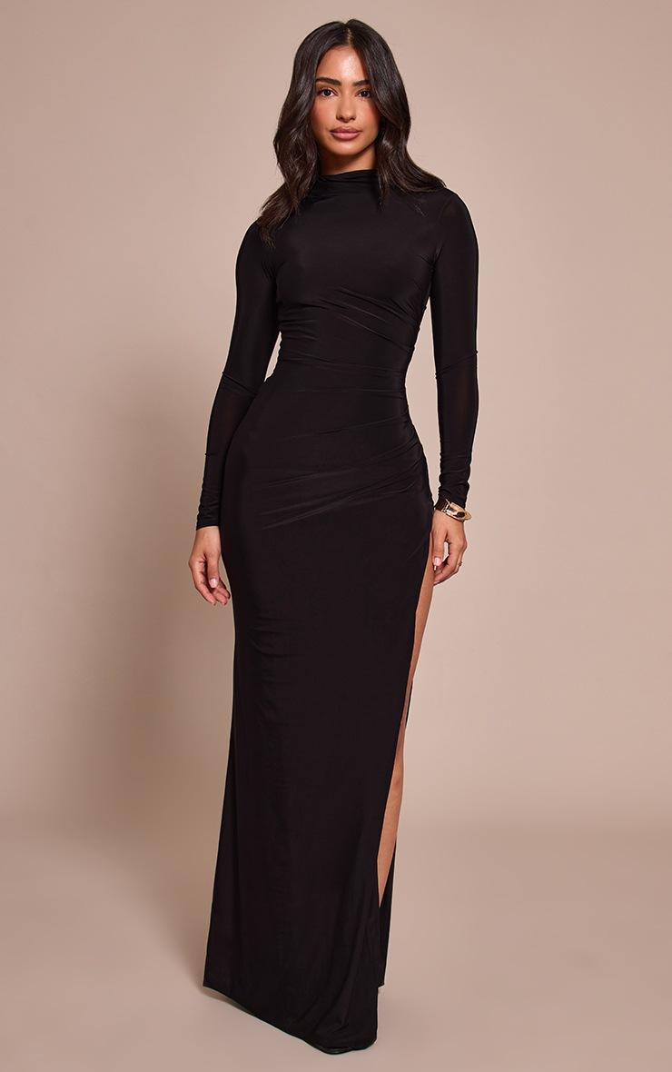 Pretty Little Thing Petite Black Double Layer Ruched High Neck Maxi Dress