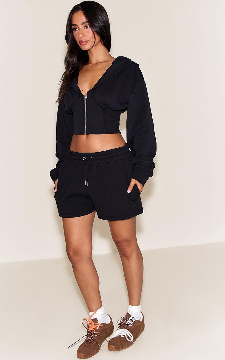 Pretty Little Thing Petite Black Embroidered Interlock Cinch Waist Zip Hoodie