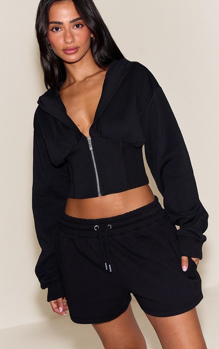 Pretty Little Thing Petite Black Embroidered Interlock Cinch Waist Zip Hoodie