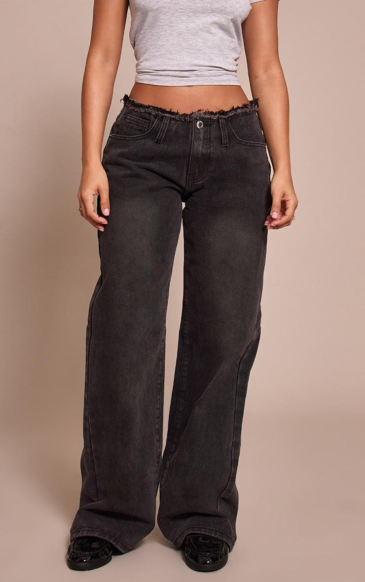 Pretty Little Thing Petite Black Fray Waist Low Rise Straight Leg Jeans