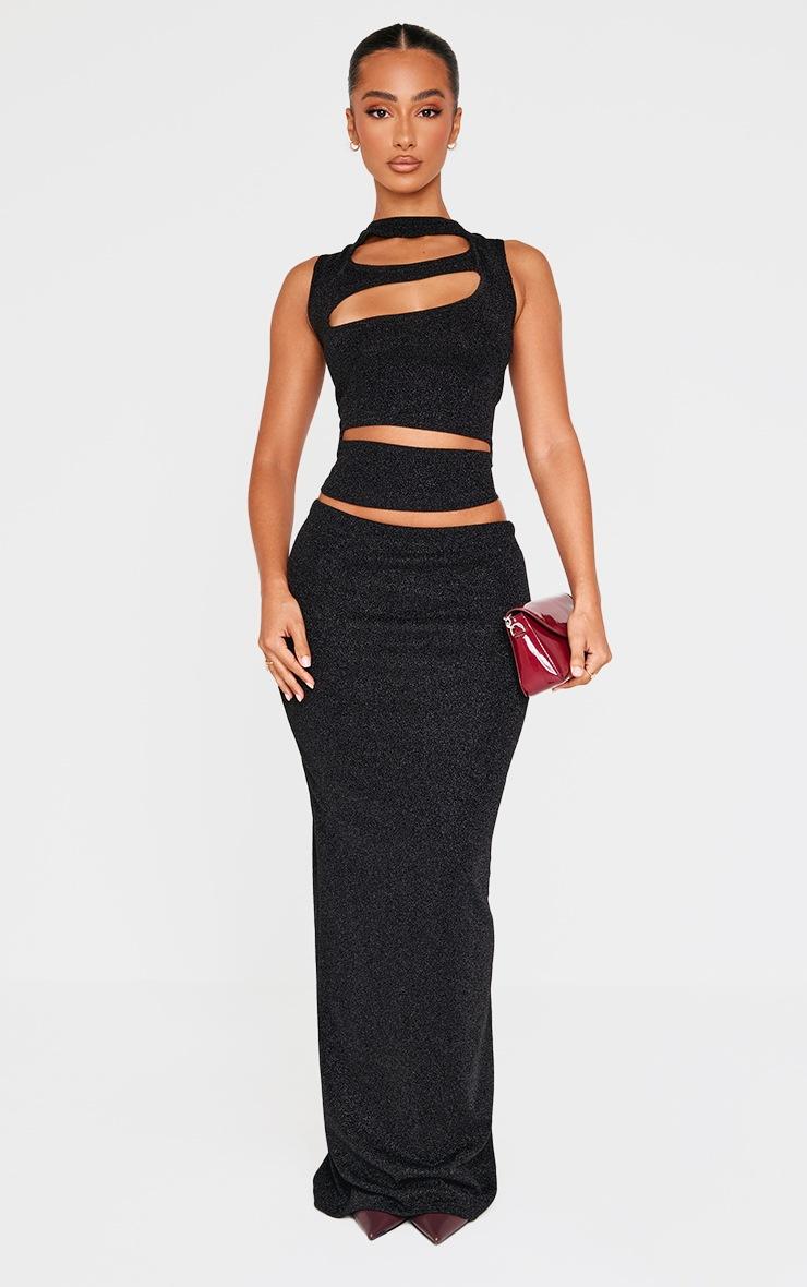 Pretty Little Thing Petite Black Glitter Maxi Skirt