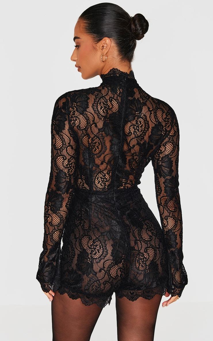 Pretty Little Thing Petite Black Lace Long Sleeve Fitted Romper