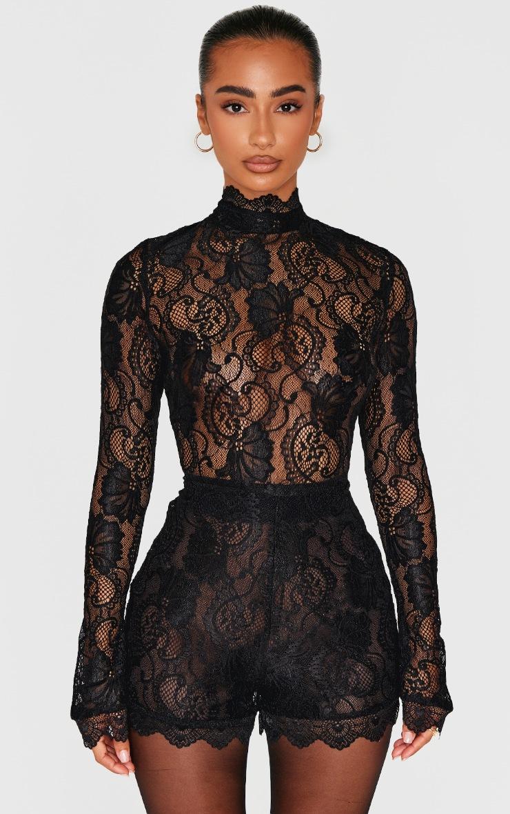 Pretty Little Thing Petite Black Lace Long Sleeve Fitted Romper