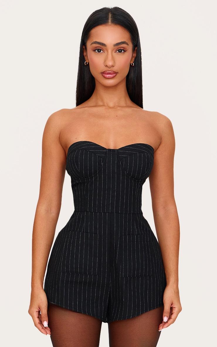 Pretty Little Thing Petite Black Pinstripe Woven Bandeau Romper
