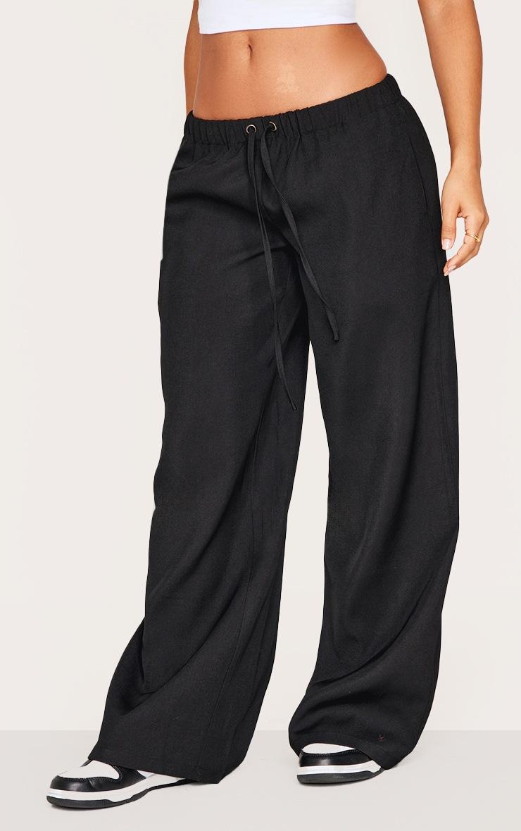 Pretty Little Thing Petite Black Premium Woven Drawstring Waistband Low Rise Pants