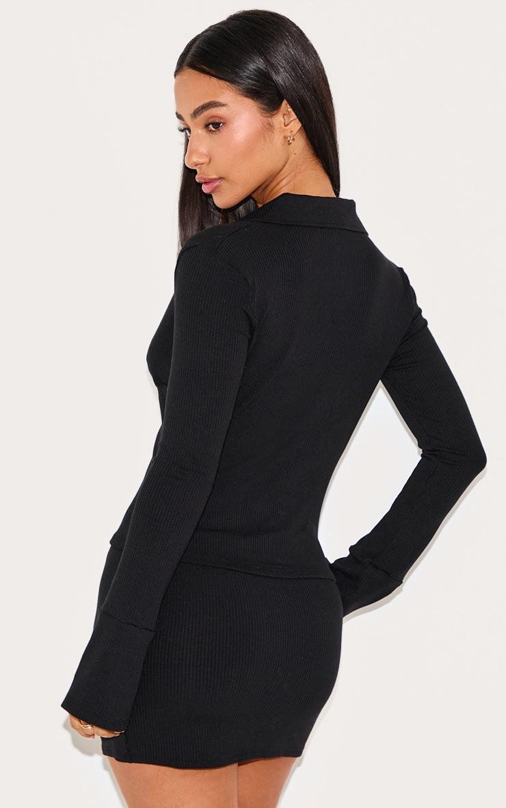 Pretty Little Thing Petite Black Ribbed Long Sleeve Button Up Shirt