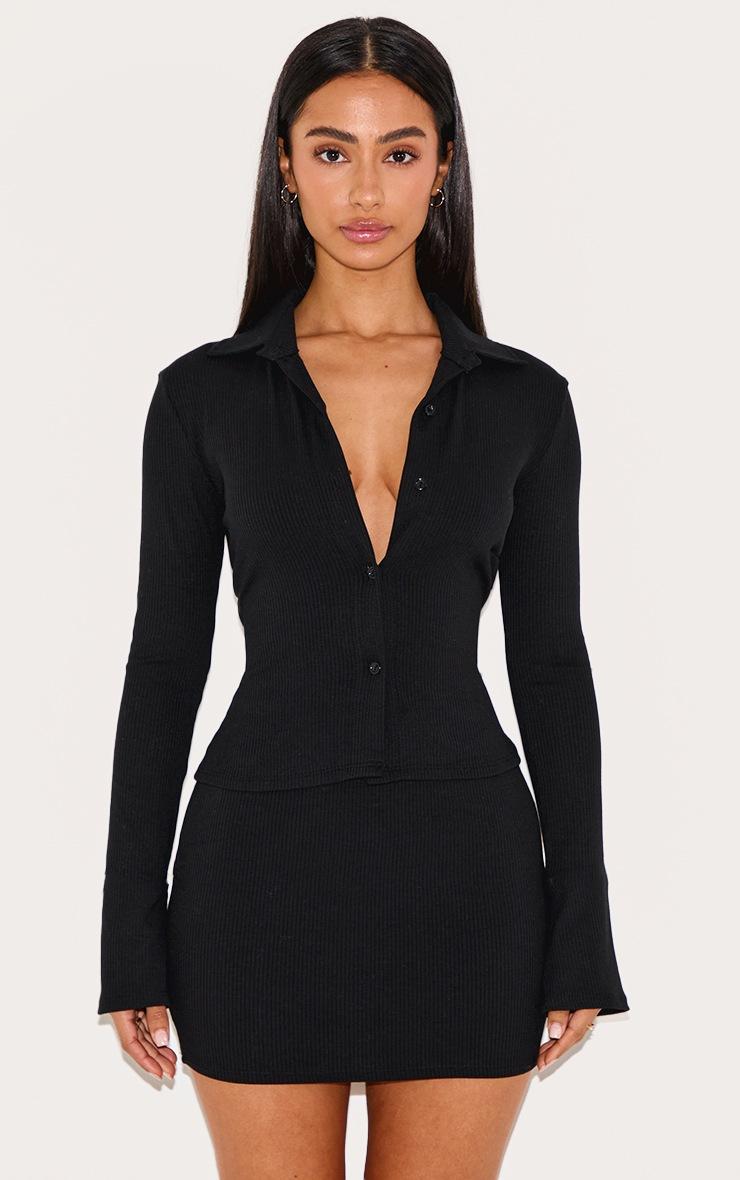 Pretty Little Thing Petite Black Ribbed Long Sleeve Button Up Shirt