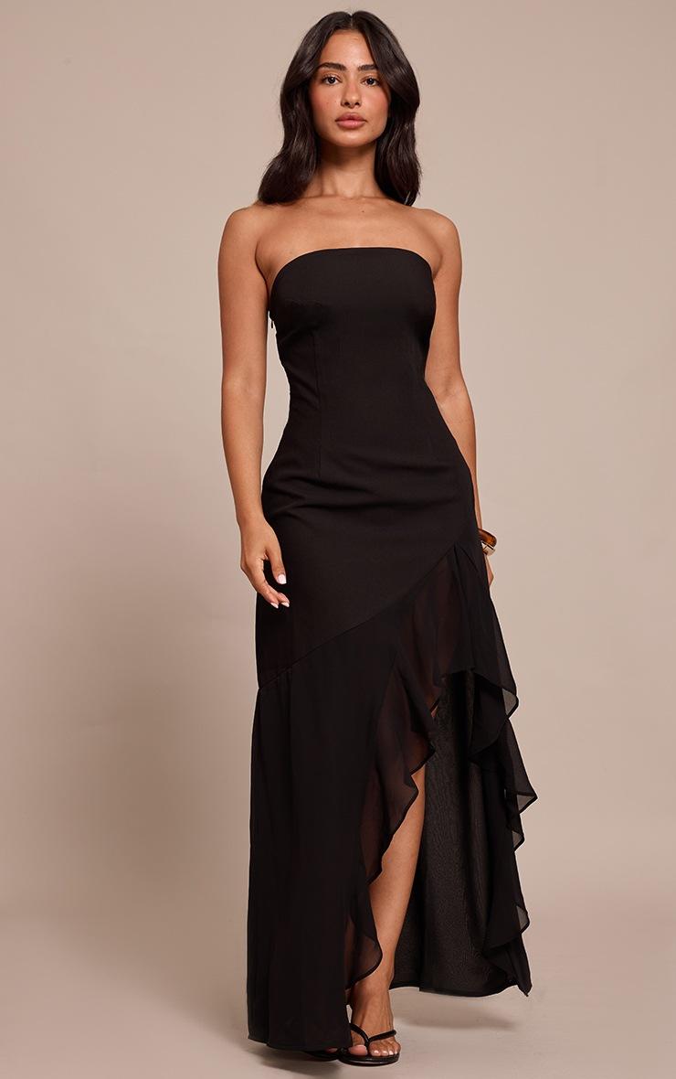 Pretty Little Thing Petite Black Ruffle Asymmetric Bandeau Dress