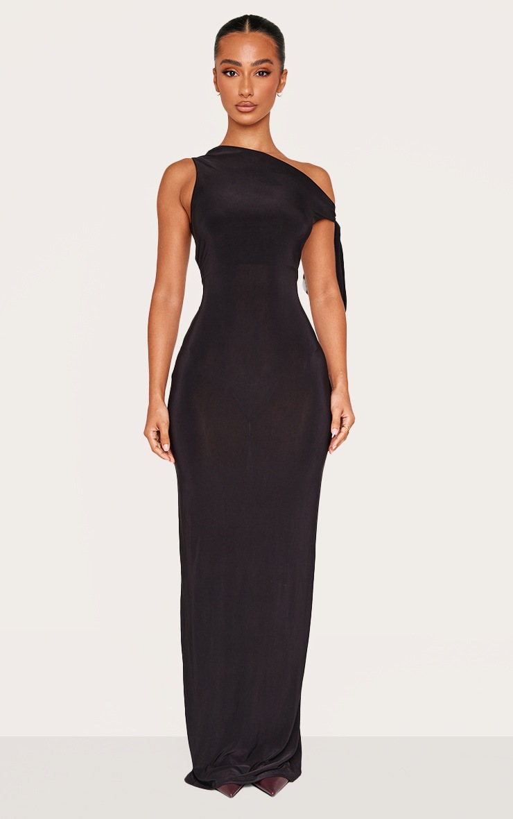 Pretty Little Thing Petite Black Slinky Knot Detail Maxi Dress