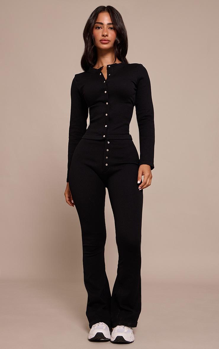 Pretty Little Thing Petite Black Snatched Rib Long Sleeve Button Up Long Top