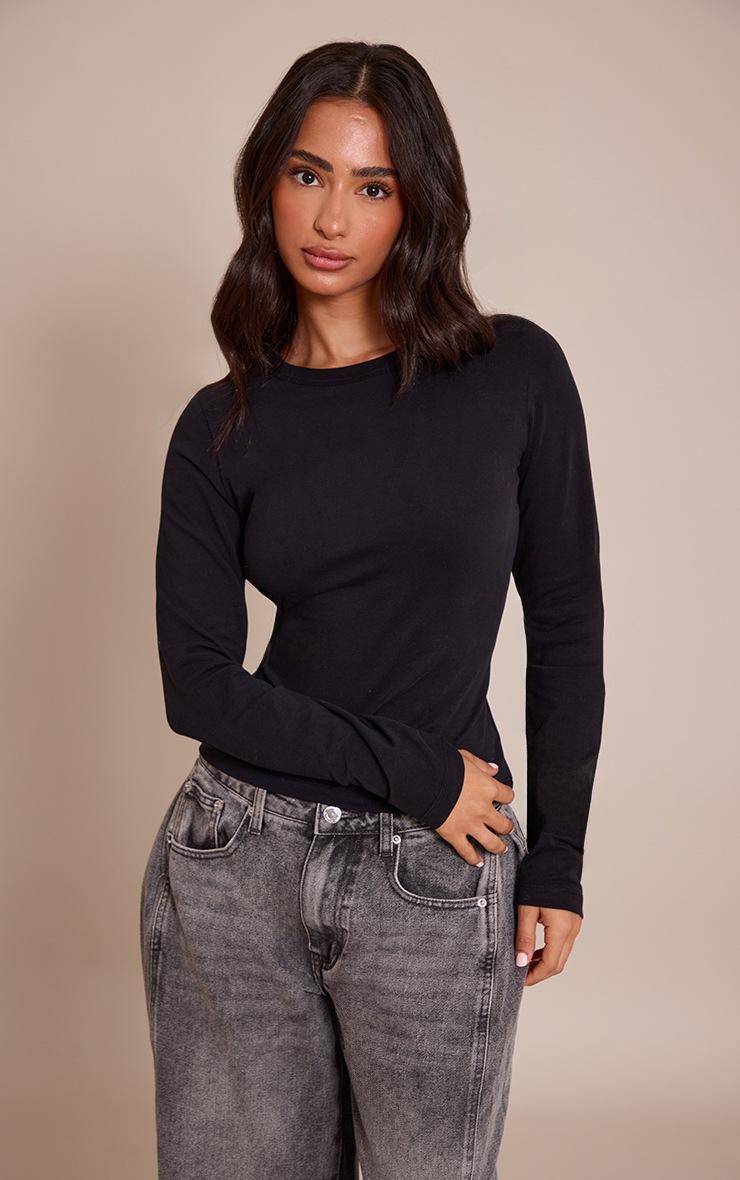Pretty Little Thing Petite Black Soft Cotton Crew Neck Longline Long Sleeve Top