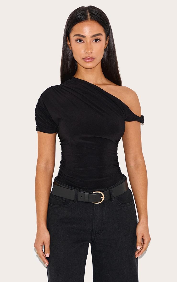 Pretty Little Thing Petite Black Soft Touch Twist Detail Bodysuit