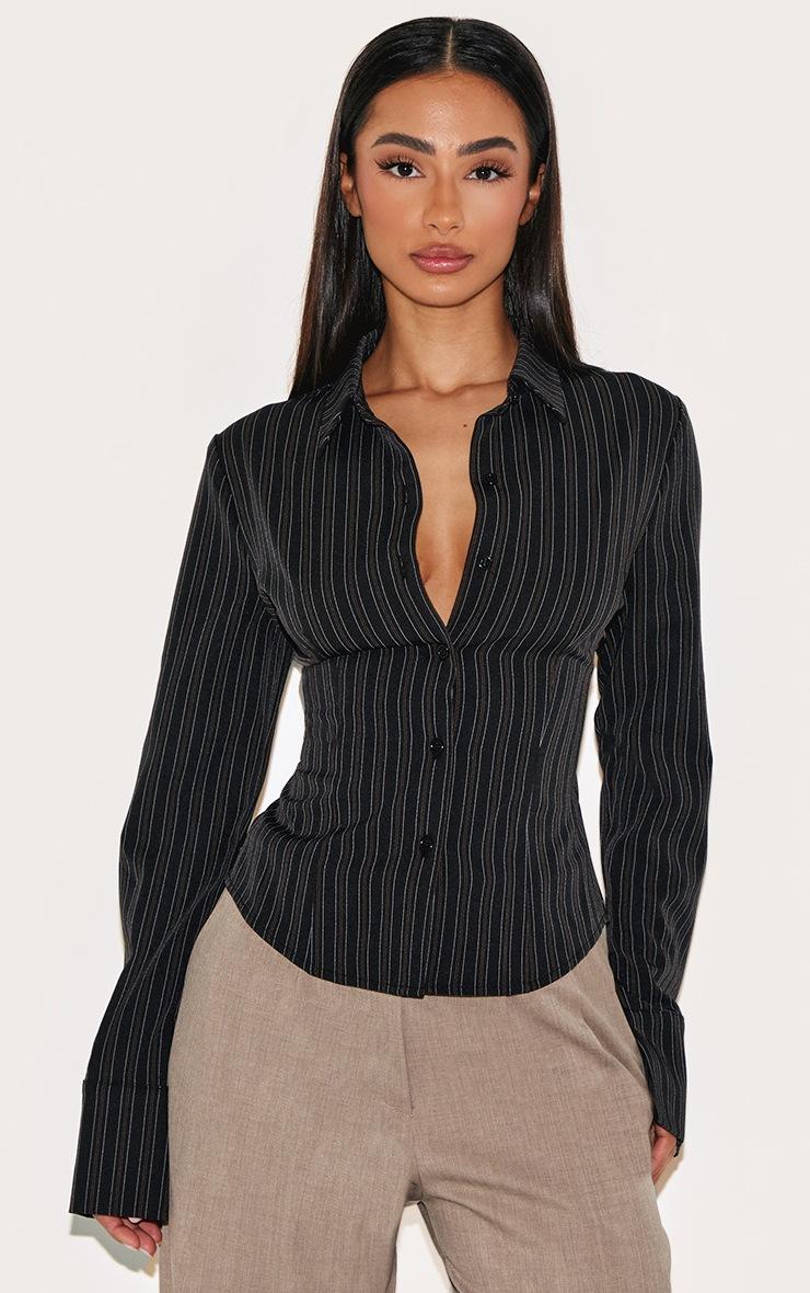 Pretty Little Thing Petite Black Striped Long Sleeve Fitted Shirt