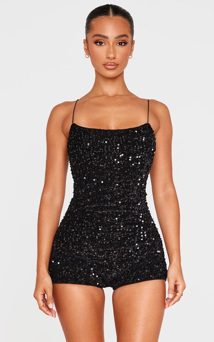 Pretty Little Thing Petite Black Textured Sequin Romper