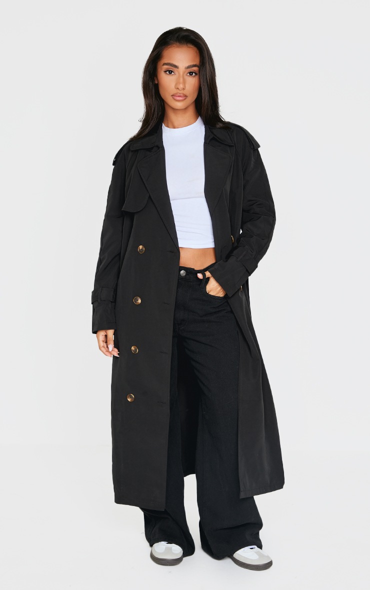 Pretty Little Thing Petite Black Tie Waist Trench Coat