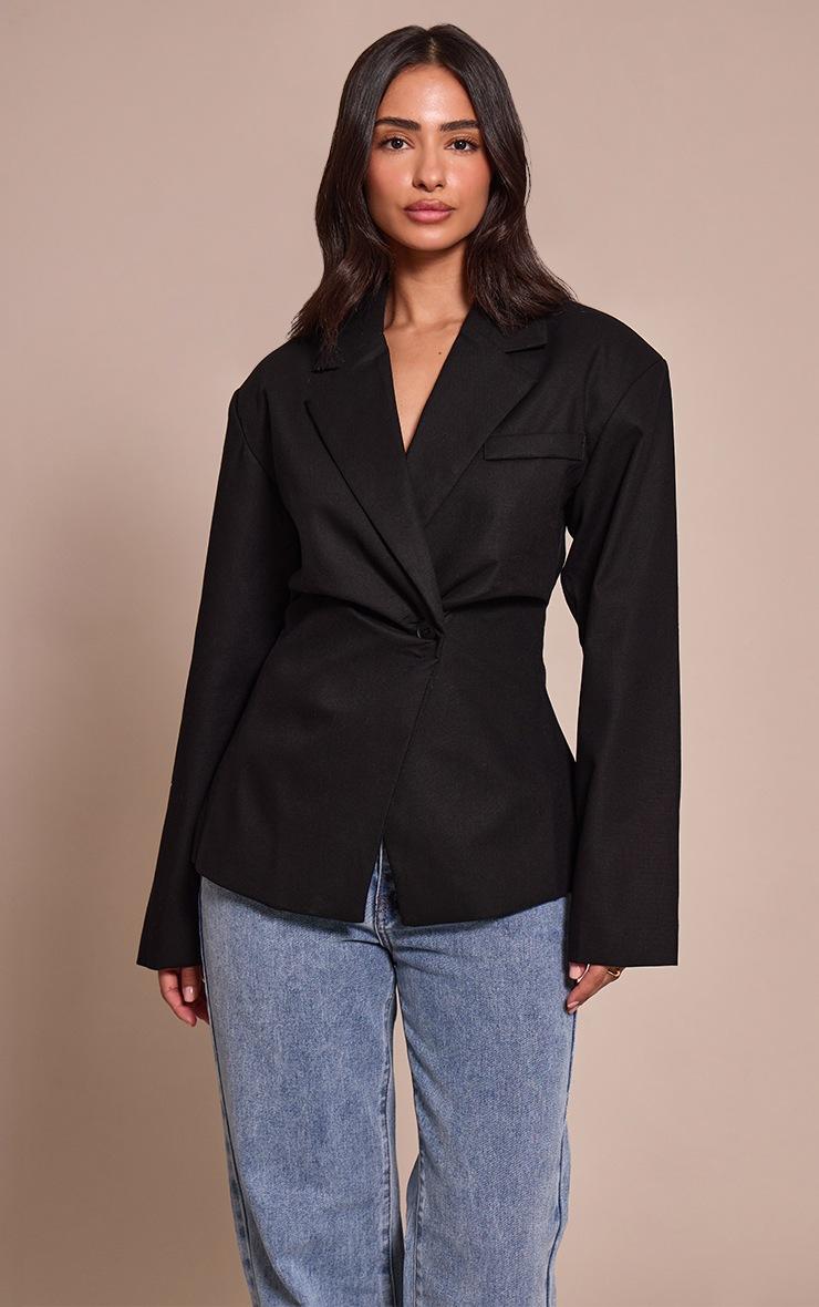 Pretty Little Thing Petite Black Woven Cinched Waist Blazer