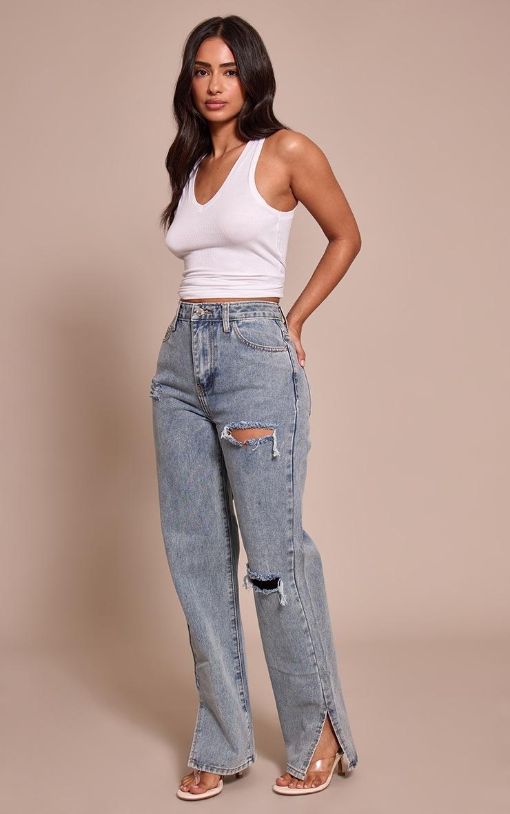 Pretty Little Thing Petite Bleach Wash Ripped Split Hem Jeans