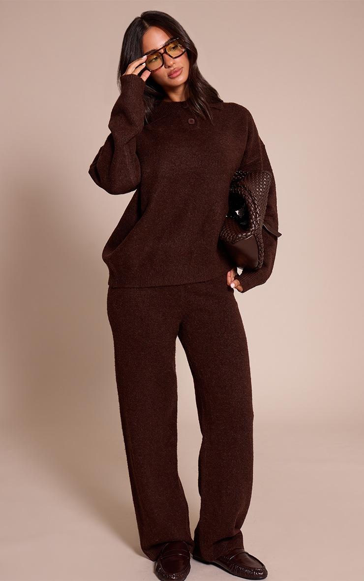 Pretty Little Thing Petite Brown Collared Button Up Knitted Sweater