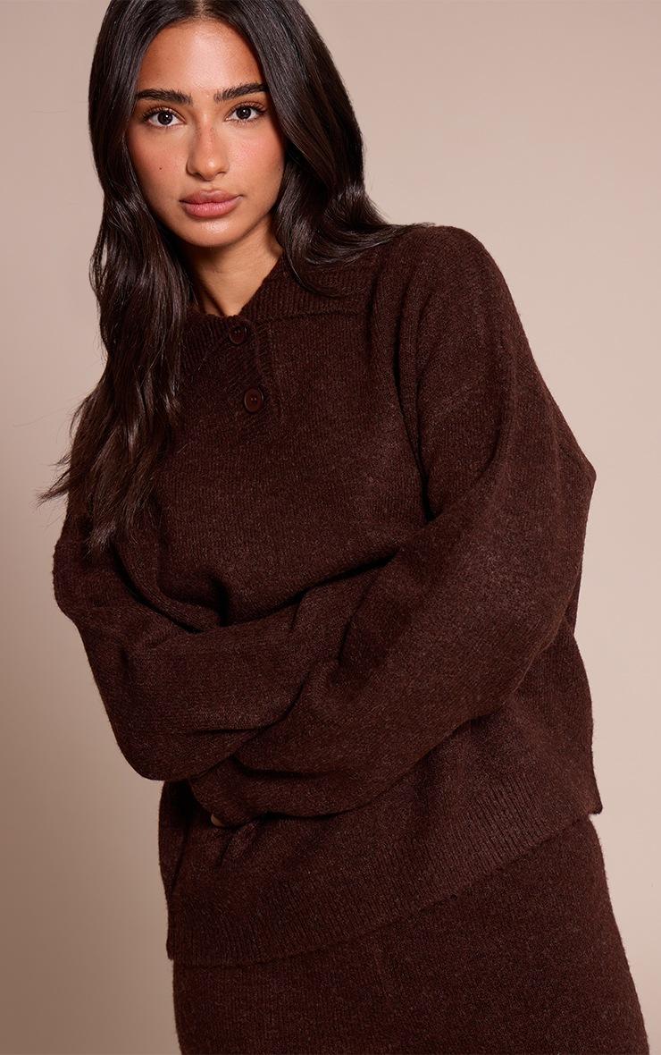 Pretty Little Thing Petite Brown Collared Button Up Knitted Sweater