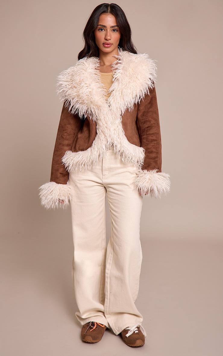 Pretty Little Thing Petite Brown Faux Suede Fur Trim Afghan Coat