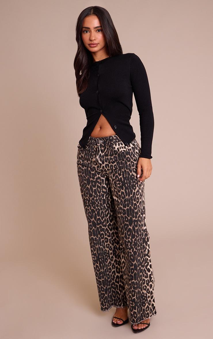 Pretty Little Thing Petite Brown Leopard Print Denim Wide Leg Jeans