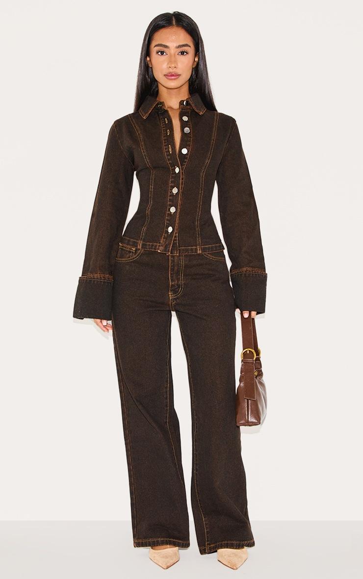 Pretty Little Thing Petite Brown Long Sleeve Fitted Denim Shirt