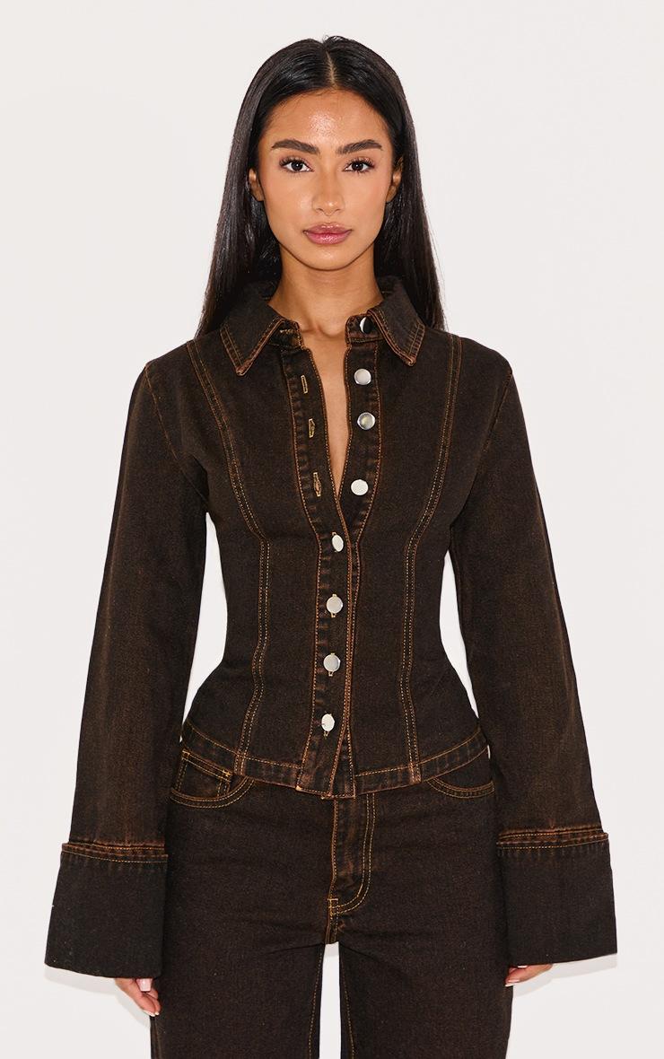 Pretty Little Thing Petite Brown Long Sleeve Fitted Denim Shirt