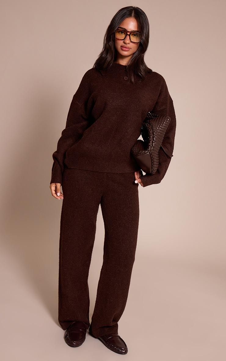 Pretty Little Thing Petite Brown Ribbed Waist Knitted Wide Leg Pants