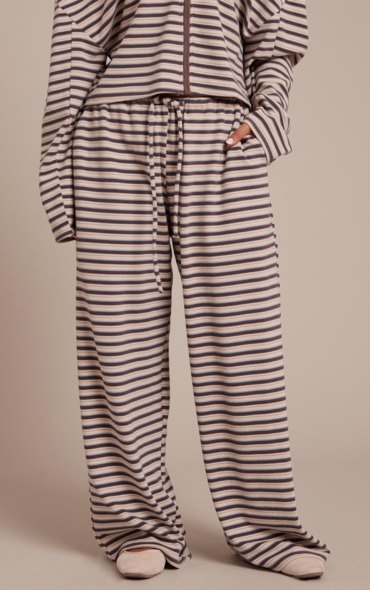 Pretty Little Thing Petite Brown Striped Soft Fleece Straight Leg Sweatpants