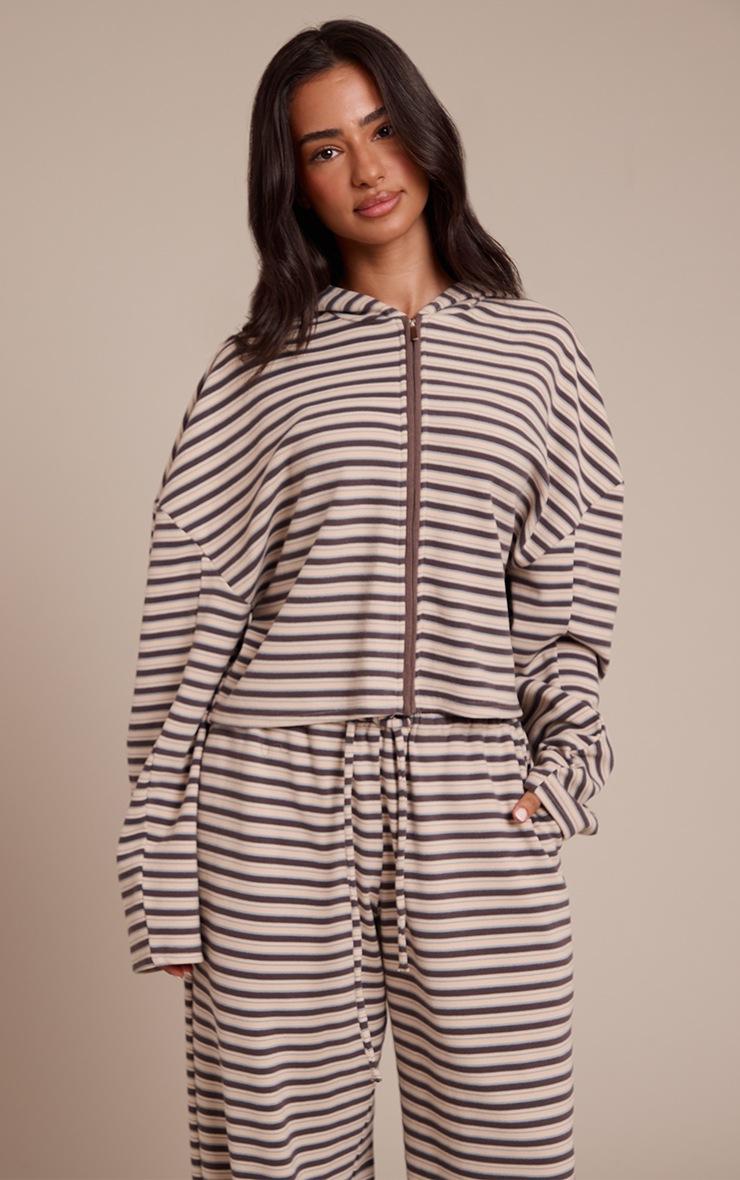 Pretty Little Thing Petite Brown Striped Soft Fleece Zip Up Jacket