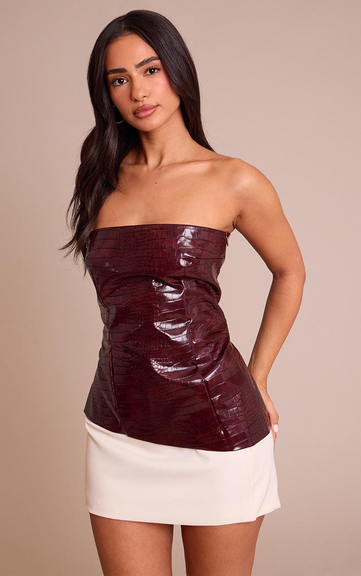 Pretty Little Thing Petite Burgundy Croc Faux Leather Bandeau Top