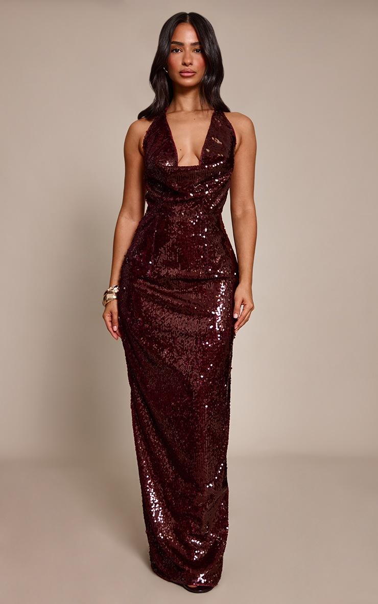 Pretty Little Thing Petite Burgundy Embellished Tie Neck Maxi Dress