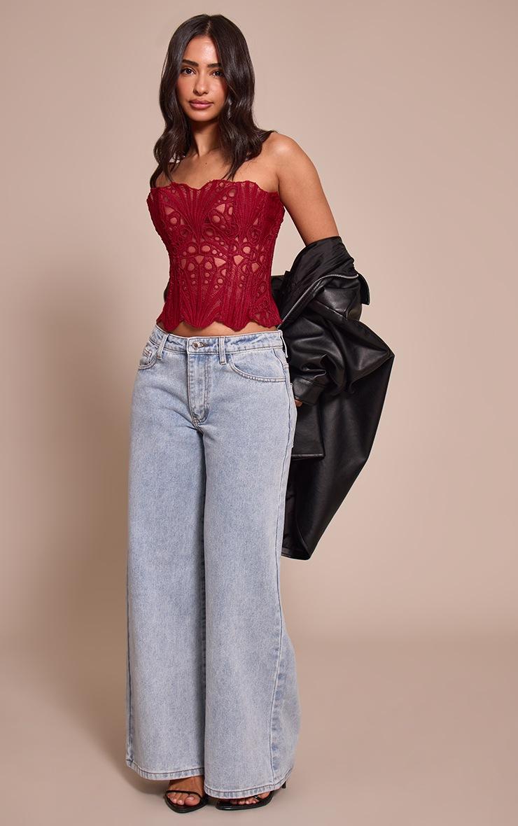 Pretty Little Thing Petite Burgundy Textured Sheer Floral Lace Corset