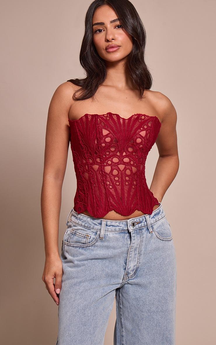 Pretty Little Thing Petite Burgundy Textured Sheer Floral Lace Corset