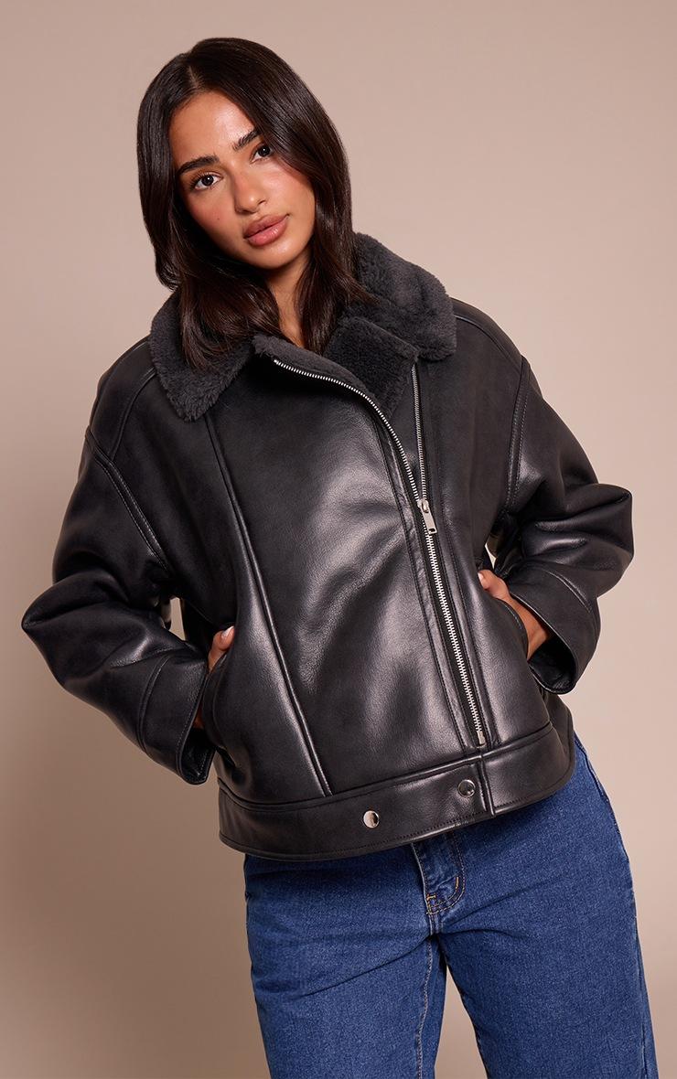 Pretty Little Thing Petite Charcoal Borg Collar Faux Leather Aviator