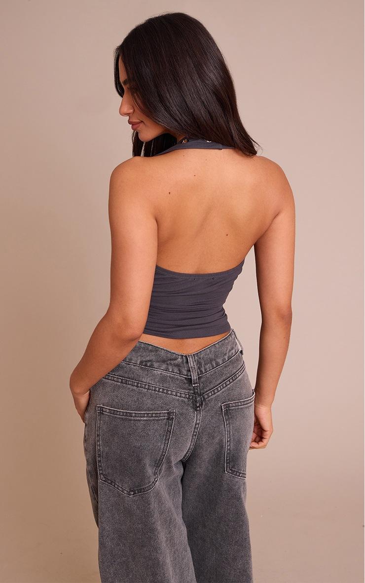 Pretty Little Thing Petite Charcoal Halterneck Eyelet Detail Long Top