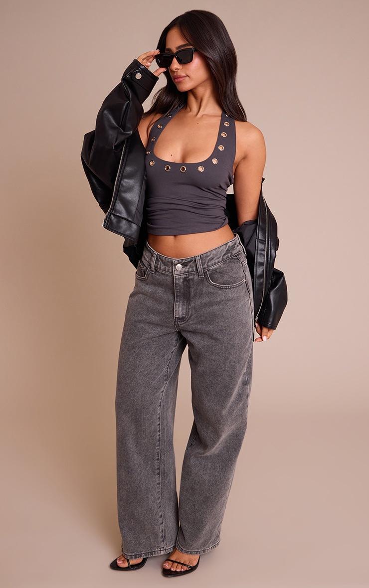 Pretty Little Thing Petite Charcoal Halterneck Eyelet Detail Long Top