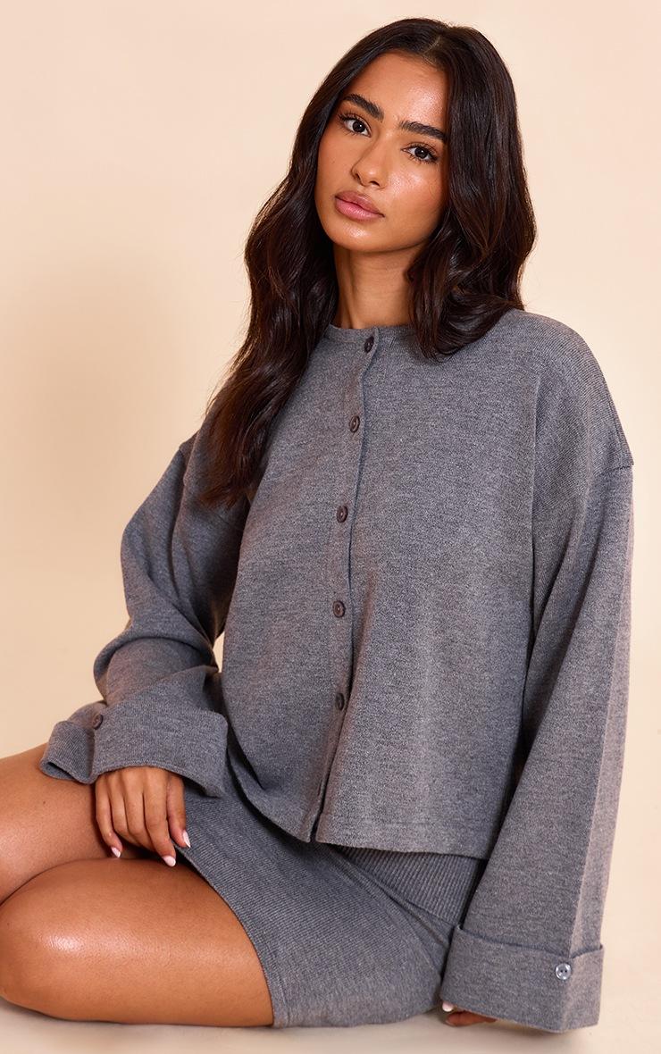 Pretty Little Thing Petite Charcoal Knit Turn Up Hem Cardigan