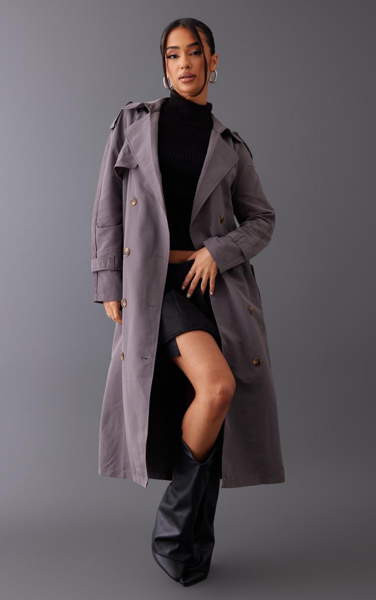 Pretty Little Thing Petite Charcoal Tie Waist Trench Coat