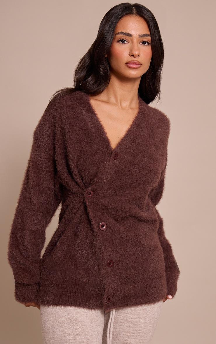 Pretty Little Thing Petite Chocolate Asymmetric Button Up Sweater