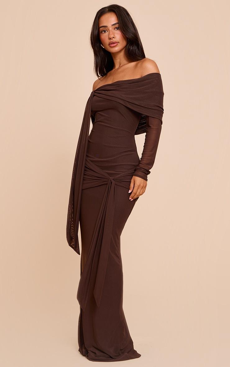 Pretty Little Thing Petite Chocolate Asymmetric Long Sleeve Bardot Maxi Dress