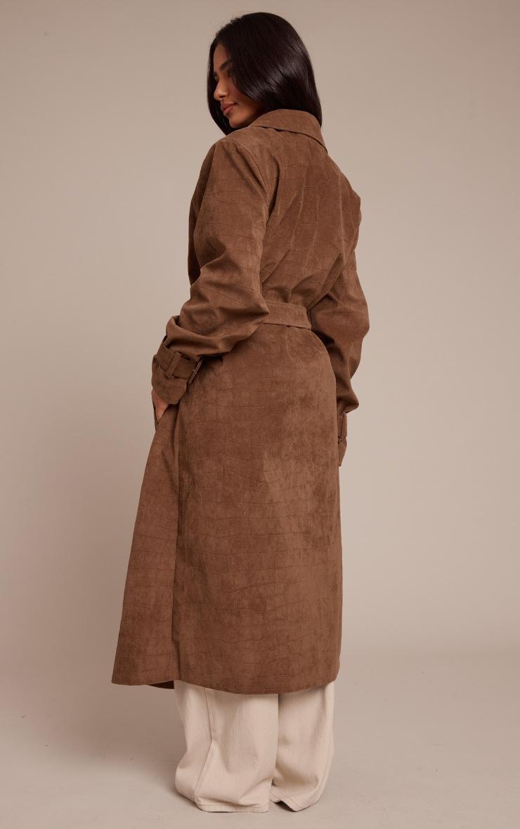 Pretty Little Thing Petite Chocolate Croc Suede Trench Coat